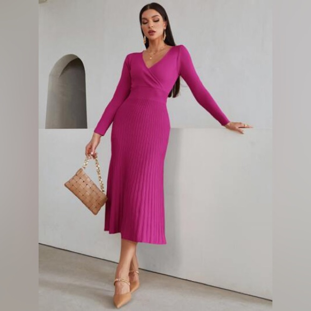 Modelyn Surplice Neck Ribbed Knit Sweater Dress berry pink red 2 for $20